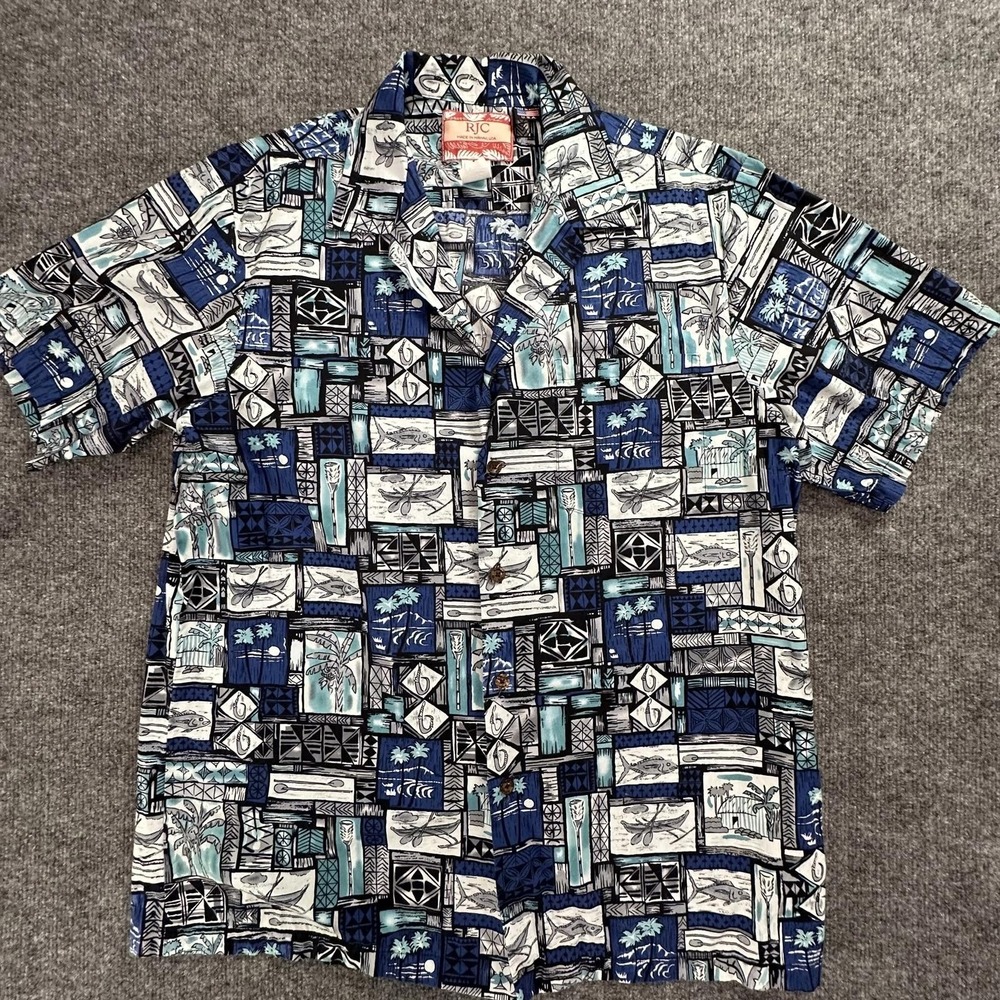 RJC Mens Hawaiian Shirt Large Tropical Block Print Fish‎ Palm Made in USA 102C
